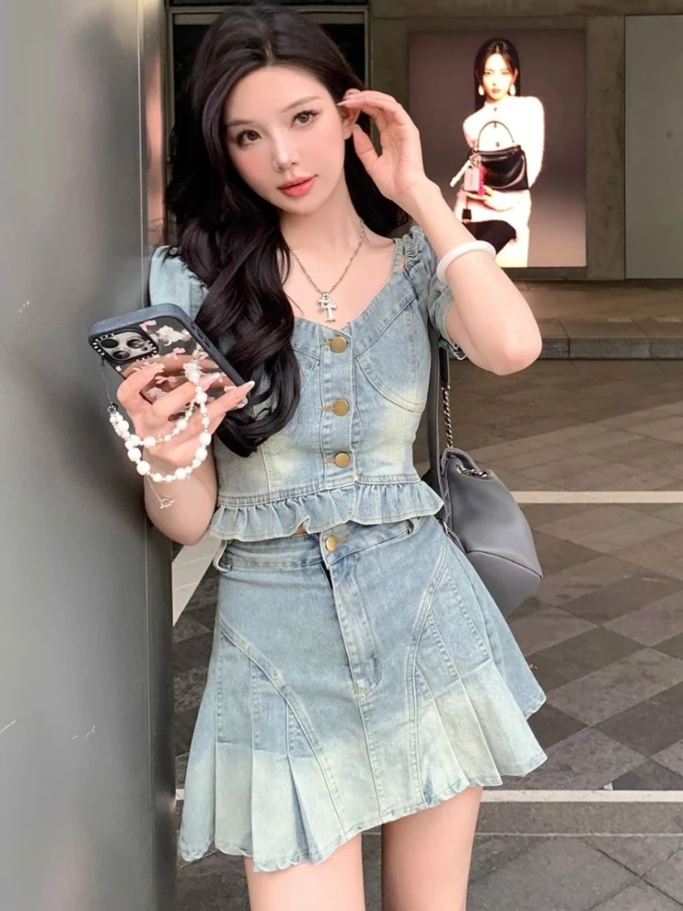 American Vintaeg Denim Matching Sets Slash Neck Short Sleeve Ruffles Crop Tops Pleated High Waist Mini Skirts Women Clothing Y2k