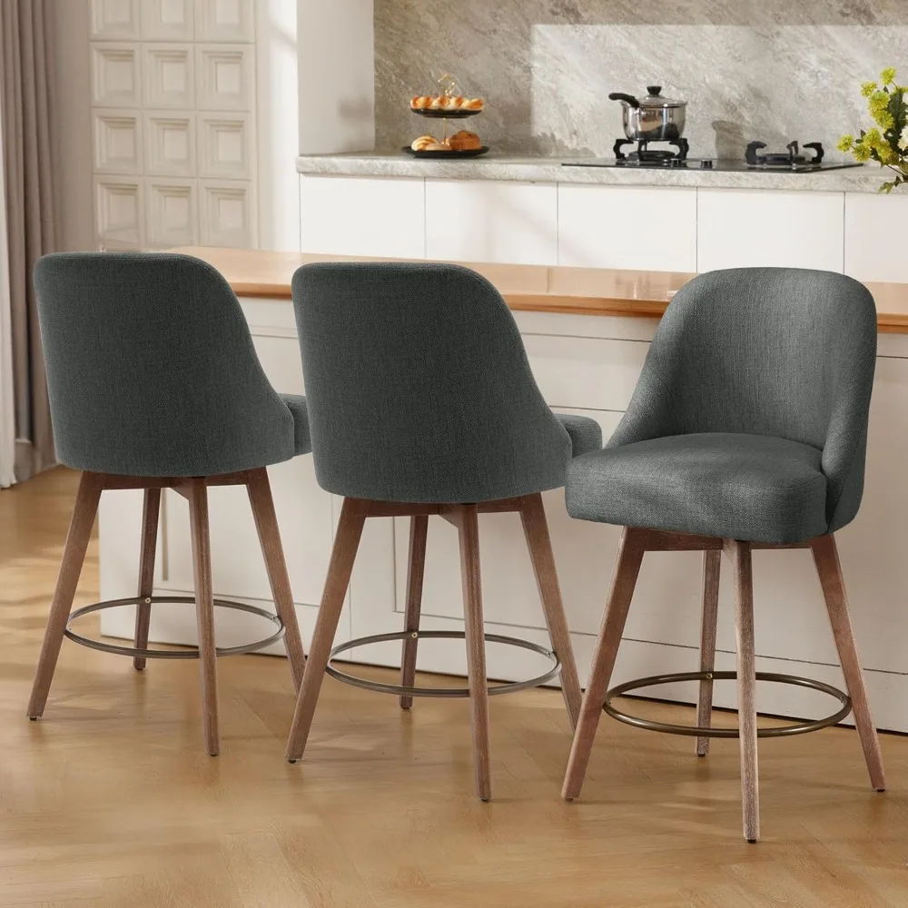 

Counter Height Bar Stools Set of 3, Modern Mid-Century Swivel Barstools with Backs and Wood Legs, Linen Fabric Upholstered Bar