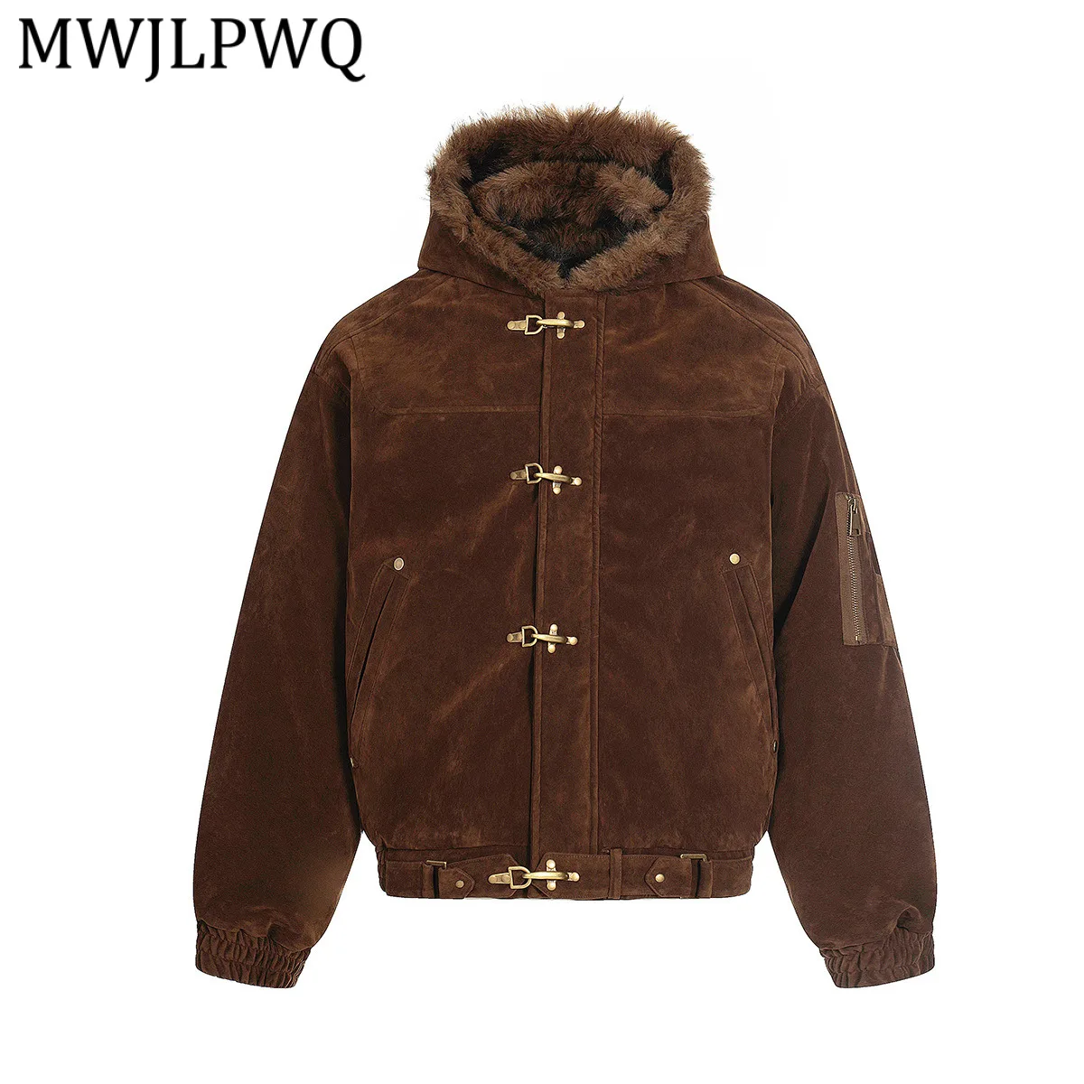 

MWJLPWQ American Style Fur Collar Male Jacket Tide Metal Button Design Streetwear Winter Suede Casual Cotton Tops Trendy 22022