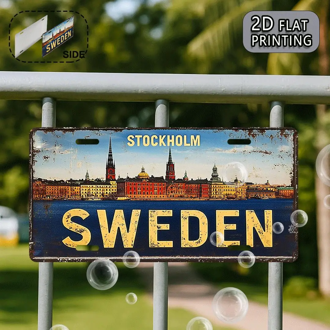 2D Flat, 1pc Vintage Stockholm Sweden Metal Plate - Swedish License Plate Wall Decor, Rustic Swedish Sign for, Christmas Gifts,