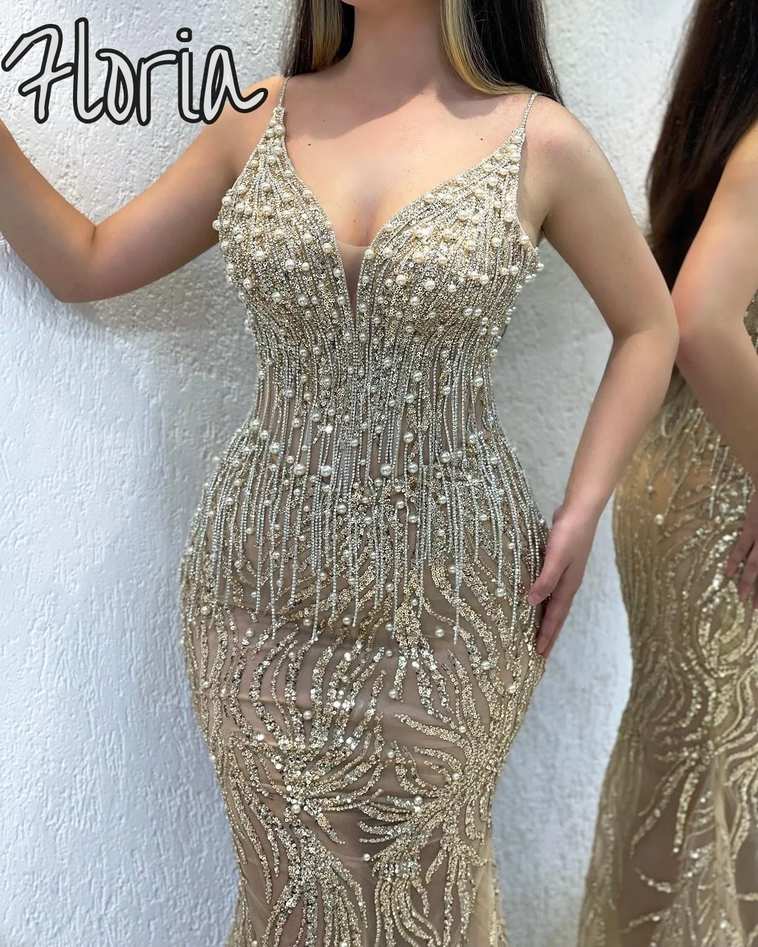 

Champagne Spaghetti Straps Mermaid Long Formal Prom Dresses Couture Beaded Tassel Party Dress For Weddings Vestidos De Noche
