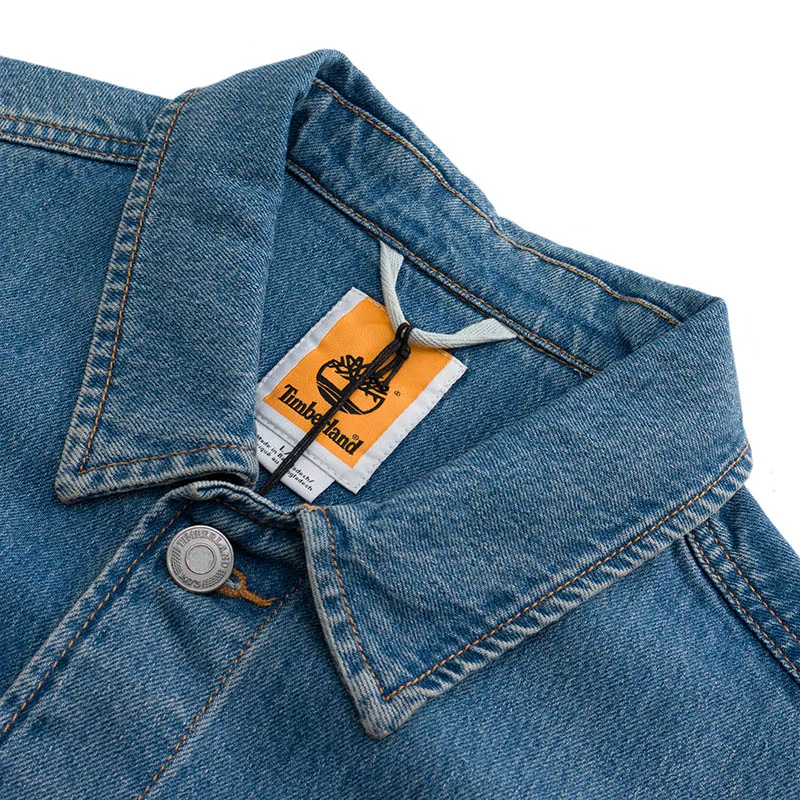 سترة/معطف رجالي من Timberland من قماش الدنيم وطية صدر السترة للياقة البدنية A426Fejw