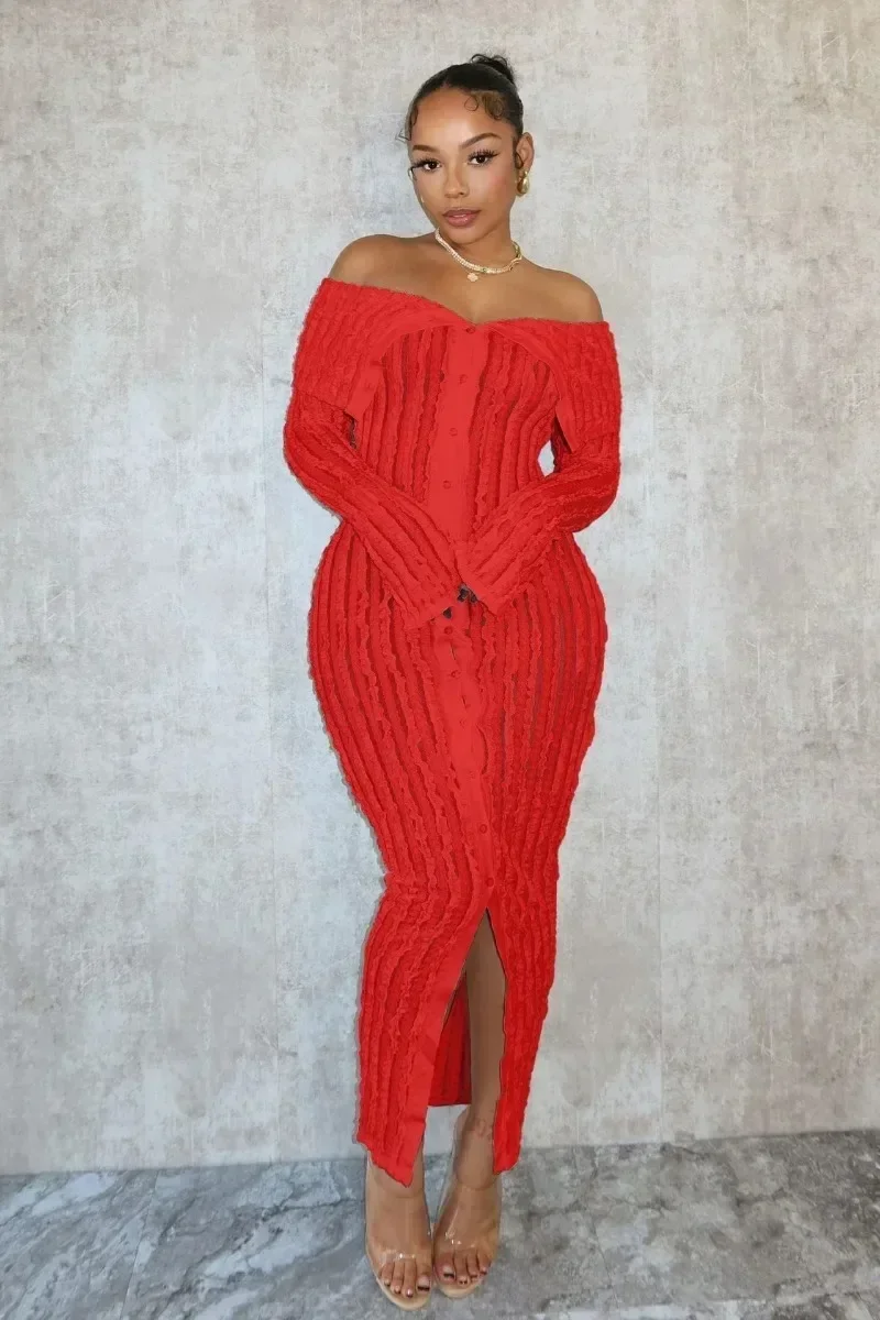 GUWU Sexy Off the Shoulder Birthday Bodycon Maxi Dress Women Slash Neck Button-up Wave Striped Night Party Long Dresses Clubwear