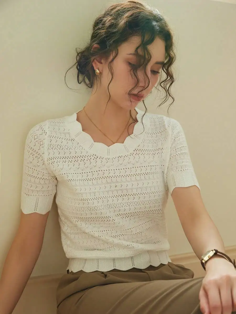

Cream Knit Short Sleeve Top with Lace Trim V-Neck and Hollow Out Detail