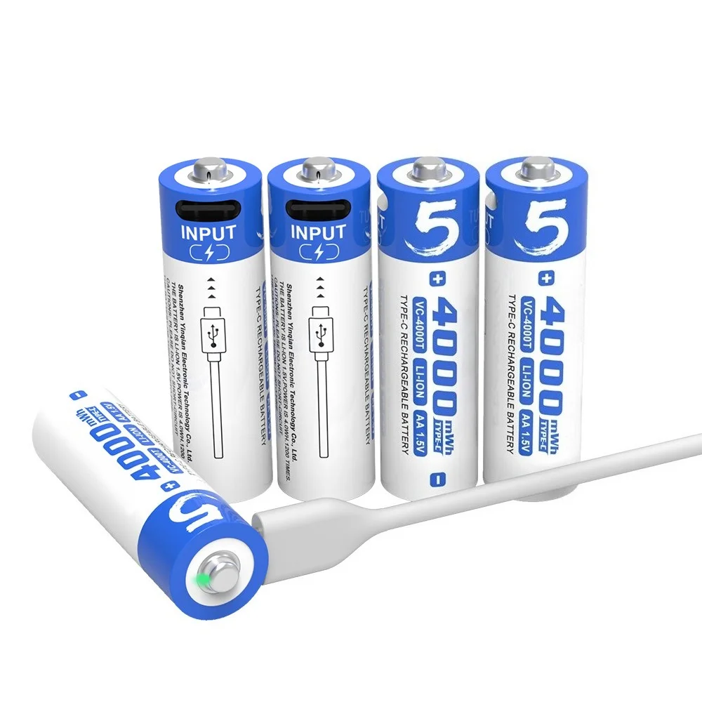 1.5V AA Rechargeable Lithium Battery 4000mWh USB Type-C Charging High Capacity for Flashlights/Toys/Cameras