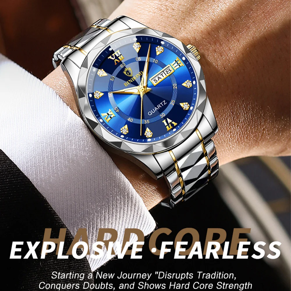 2024 New BINBOND Luxury Watch Fashion Waterproof Male  Clock Luminous Date Stainless Steel Round Quartz Men Watch reloj hombre