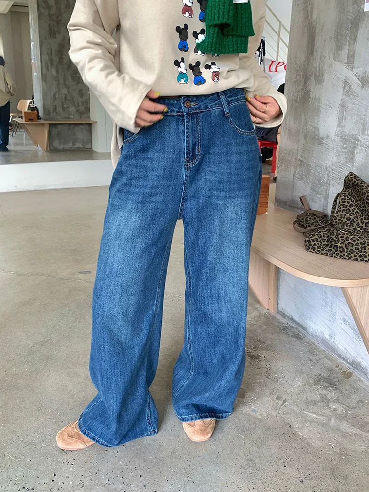 

Lin Da Hui, осенне-зимние свободные широкие джинсы, женские длинные брюки, брюки в пол, ретро, большие размеры, повседневная джинсовая ткань