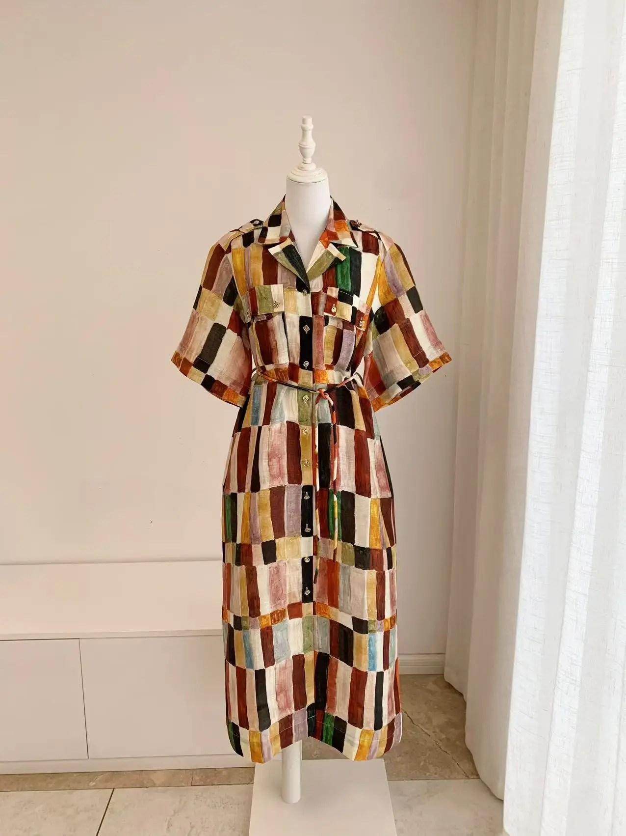 

Women Colorful Plaid Print Notched Short Sleeve Single Breasted Silk Linen Long Dress