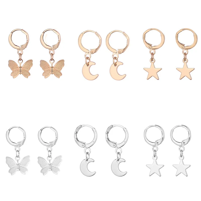 Classic Stat Moon Butterfly Drop Earrings for Women Golden Silver Color Metal Round Circle Dangle Earrings Simple Cute Jewelry