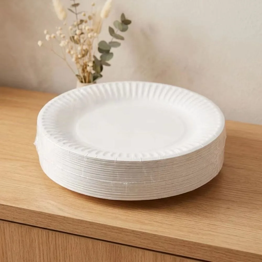 50Pcs Heat Resistant Disposable Paper Plates Eco-Friendly White Disposable Tableware Microwavable Compostable