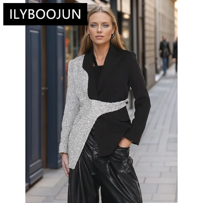 

ILYBOOJUN Hit Color Patchwork Pockets Blazers For Women Notched Collar Long Sleeve Temperament Slimming Blazers Female New