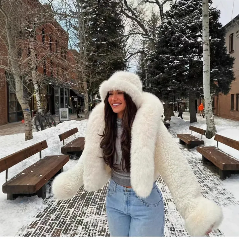 Fashion Environmentally Faux Fur Coat Women's Hooded Loose Long Sleeve Thick Warm Short Plush Jacket Autumn Winter
