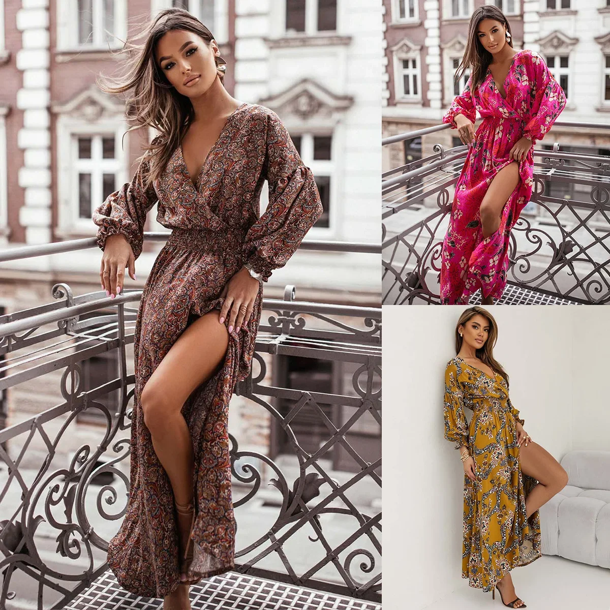

Ladies' Full Printed Long Sleeved V-neck High Slit Dress with Elegant Temperament 2024 Spring and Autumn