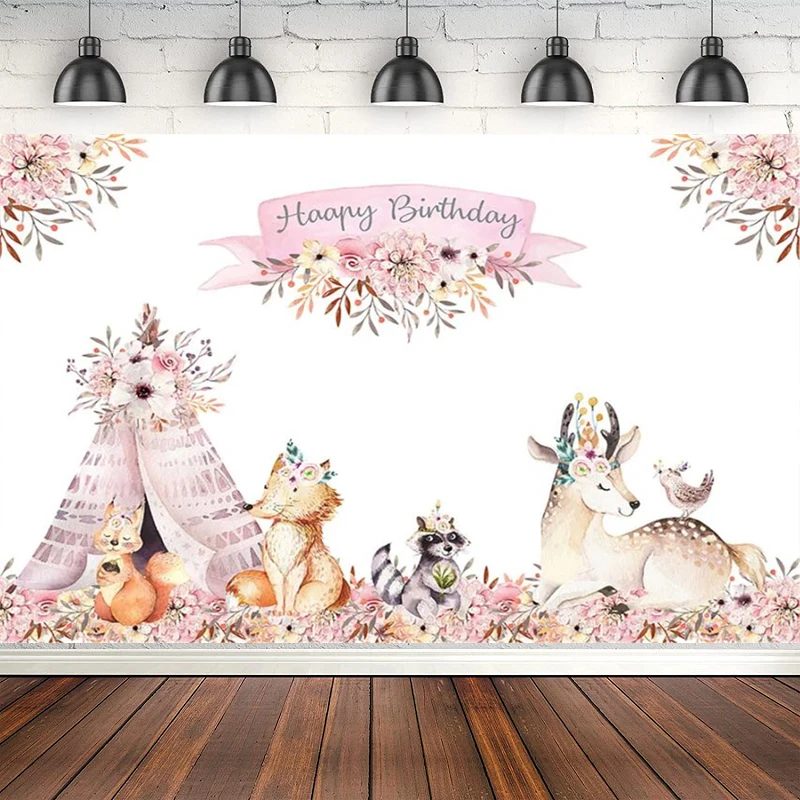 Woodland Happy Birthday Photography Backdrop Boho Teepee Pink Flower Rates Decor Animal Party Poster Background Banner