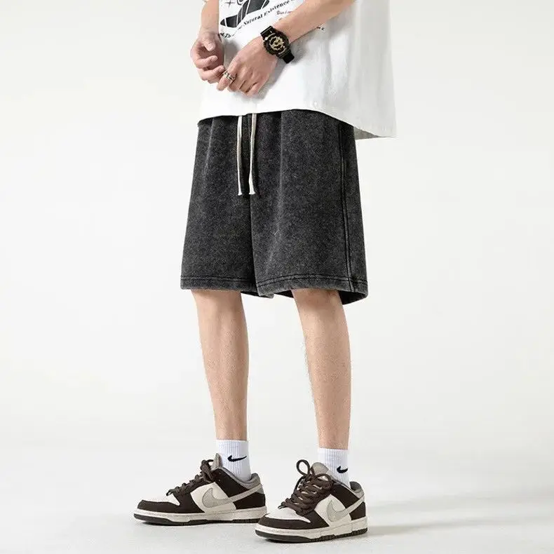 Men Bermuda Washed Shorts Y2K Oversized Fashion Solid Color Cotton Gym Cropped Pants Running Man Clothing Holiday Straight Short