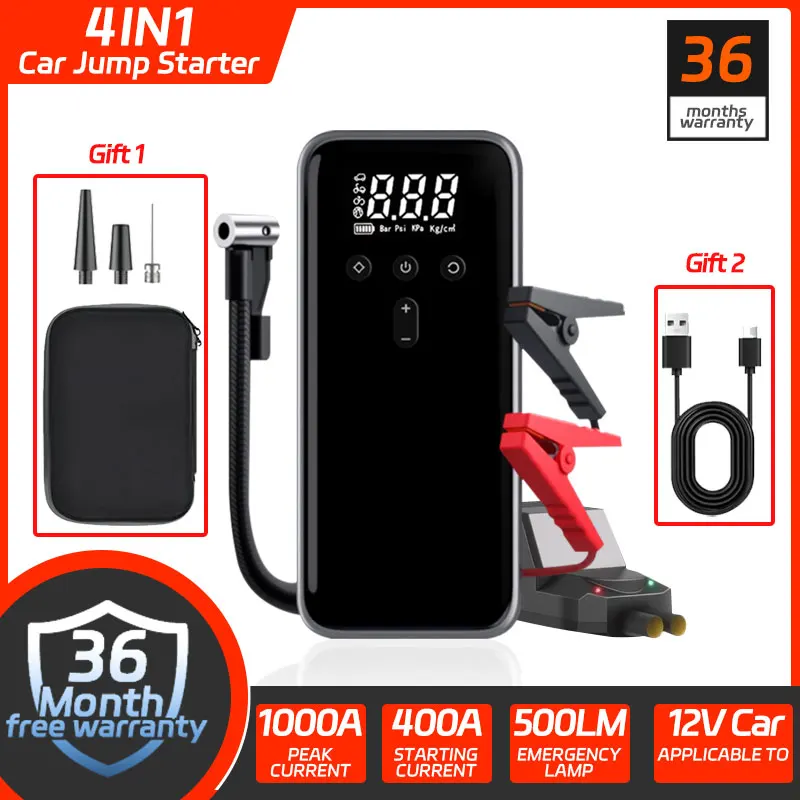 Car Emergency Jump Starter & 12V Air Compressor - Tire Pressure Gauge, Smart Inflation, Long-Lasting, Copper Clamps,