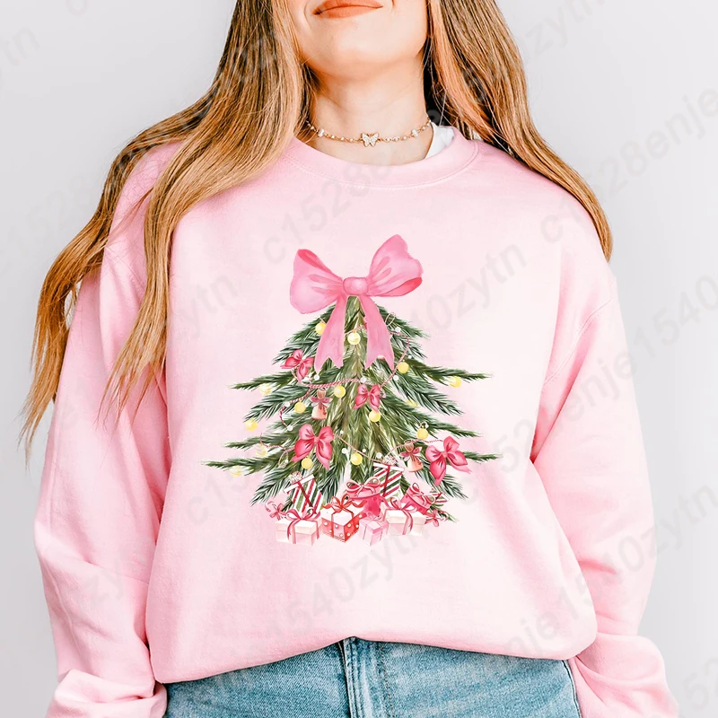 Classic Christmas Tree Print Crew Neck Long Sleeve Sweatshirt, Pink Coquette Bow Sweatshirts, Xmas Sweatshirts For Women