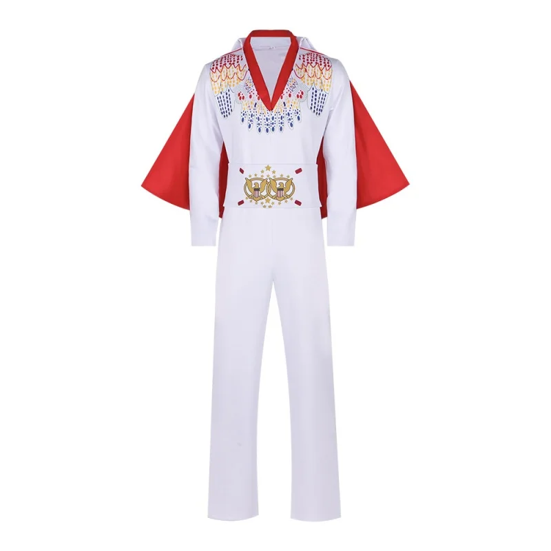 Disfraz de Cosplay de Elvis Presley, Traje de Cantante de Rock, Mono Blanco Estampado, Conjunto de Disfraces para Adultos para Halloween, Carnaval y Fiestas