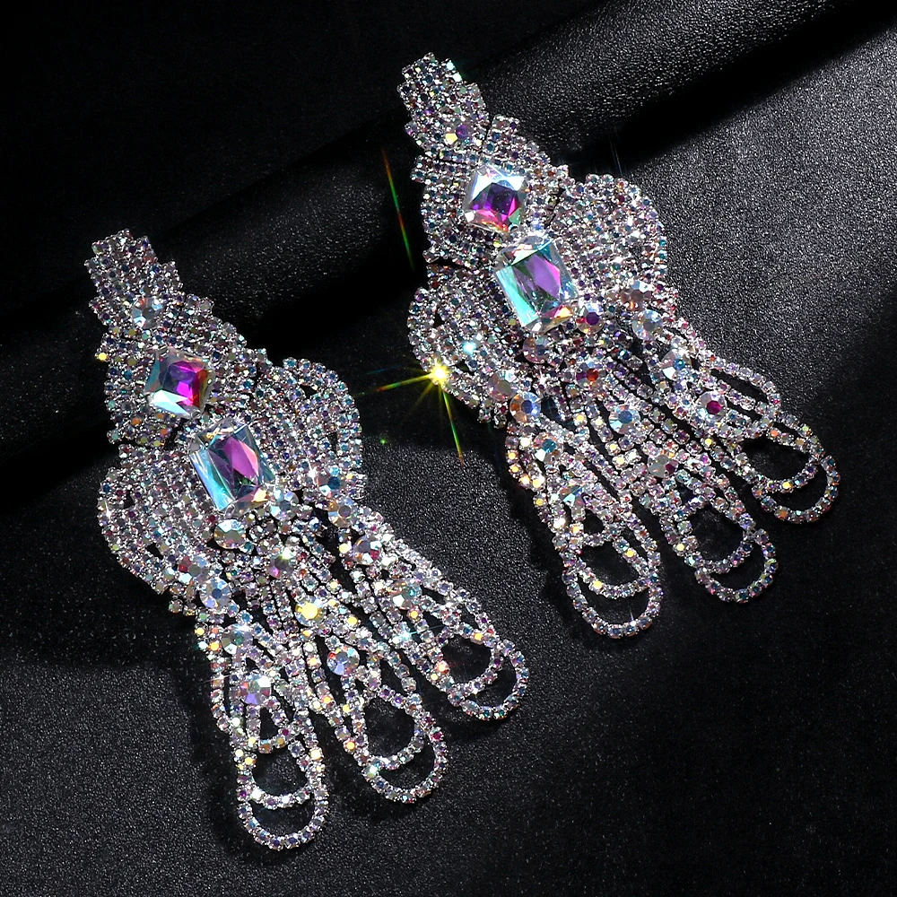 Statement Colorful Hollow Exaggerate Earrings Multilayer Prom Jewelry Elegant Large Rhinestone Dangle Earrings Christmas Gift