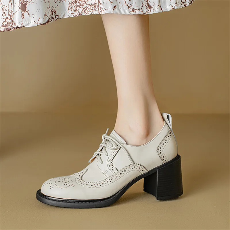 New Spring Genuine Leather Women Shoes Round Toe Women Pumps Shoes for Women Zapatos Mujer Brogue Designs Lace Up High Heels