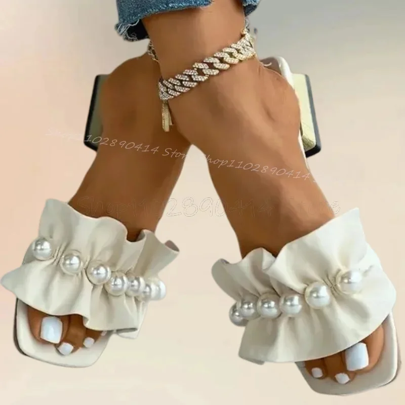 

White Pearl Decor Pleated Ruffles Open Toe Slippers Slip On Women Shoes Chunky Heels Fashion Banquet 2025 Zapatos Para Mujere