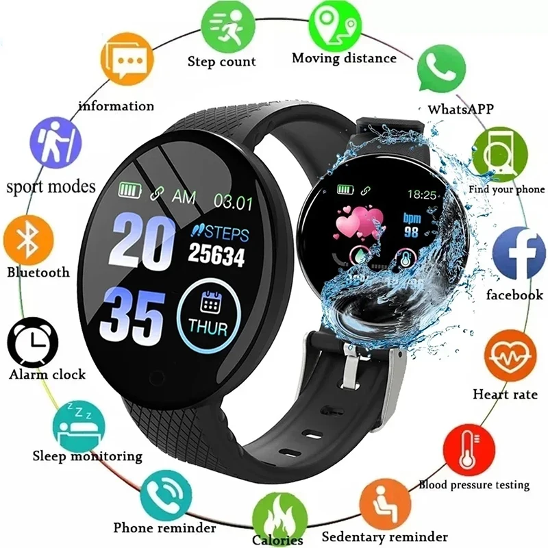 D18 ساعة ذكية لنظام Ios أندرويد الرجال مقاوم للماء Smartwatch النساء مراقبة النوم رسالة جهاز تعقب للياقة البدنية سوار الساعات الرياضية SMS