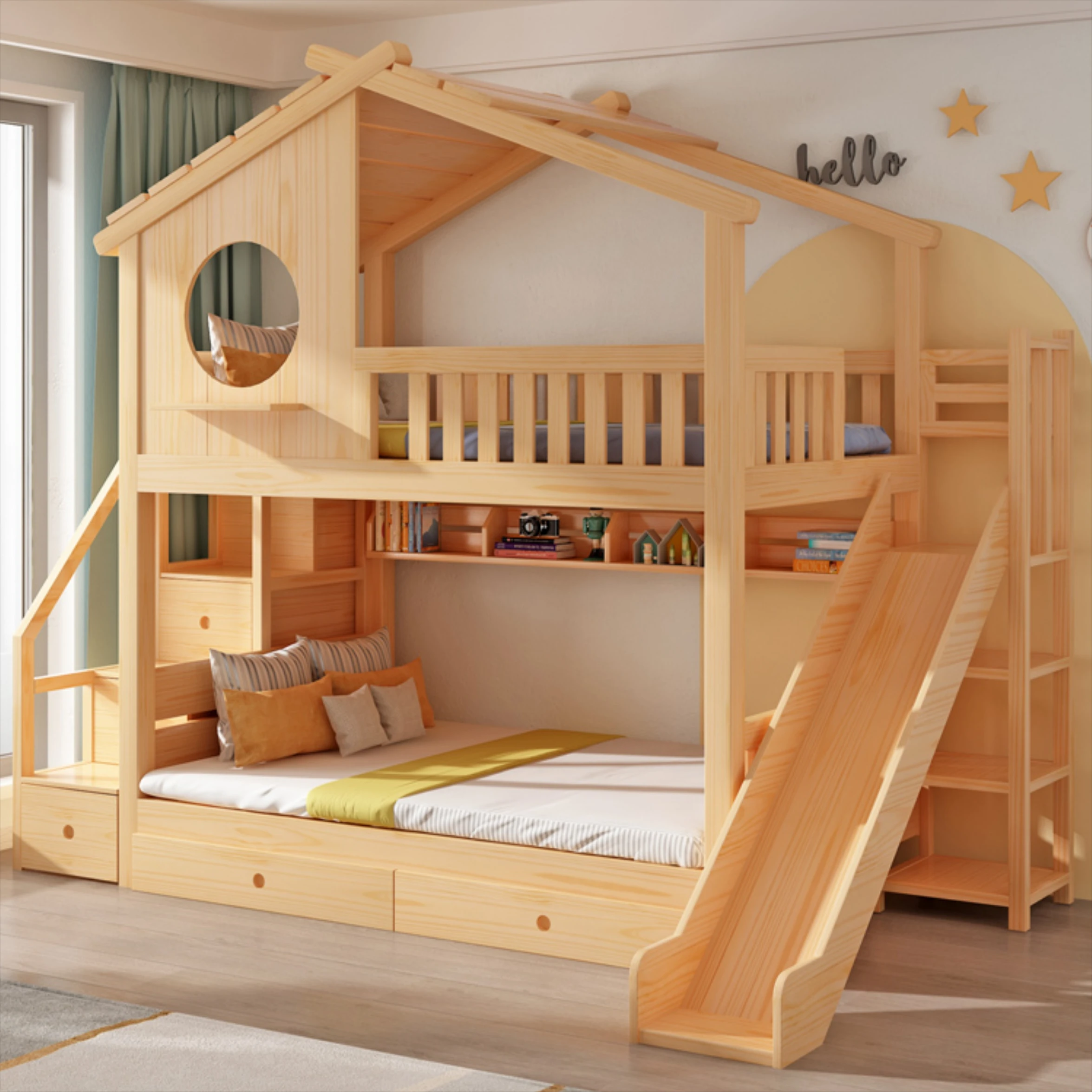 

Детская кровать-домик из массива дерева, двухъярусная кровать замка (15–20 дней)