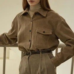 Winter 100% Cotton Corduroy Shirt Women Clothing Retro Loose Long Sleeve Autumn Shirts Pocket Lady Streetwear Long Corduroy Coat