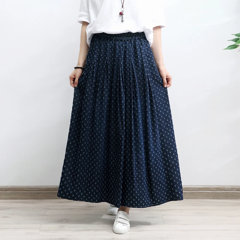 

TIYIHAILEY-Women's Long Maxi A-line Skirt, Elastic Waist Denim Jeans, Vintage Deep Blue Holes, Spring, Autumn, New, 2024