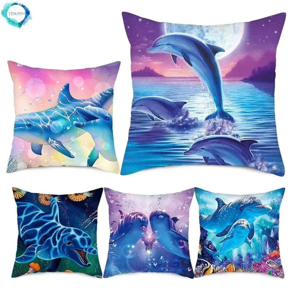 

Colorful Sea World Pillowcase Cute Dolphin Pattern Cushion Cover Home Sofa Car Decoration Pillowcase