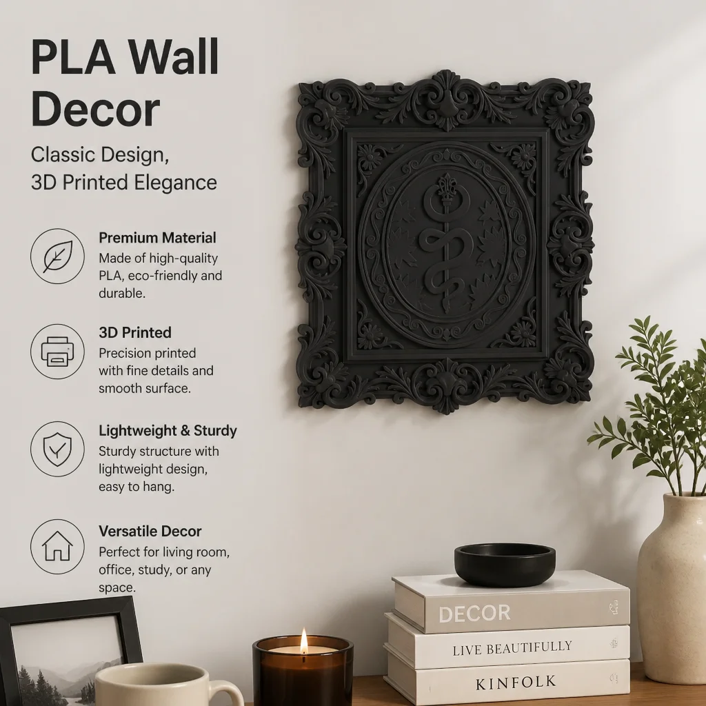 Ornate Baroque Square Rod of Asclepius Wall Plaque, Black PLA Plastic Vintage Wall Decor for Dark Academia Office Home Decor