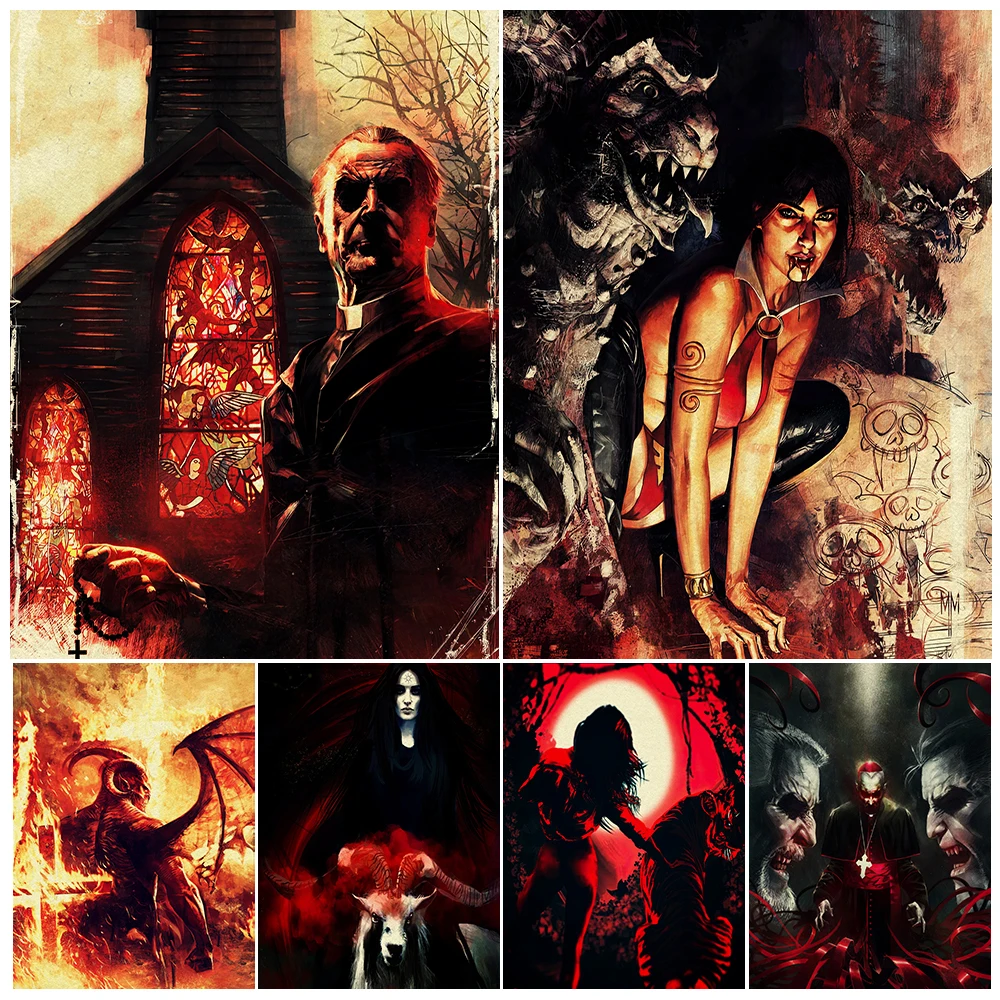 Demon Pope And Exorcist Pastor Vintage Wall Art Canvas Painting The Beautiful And Charming Vampire Queen Art Poster Print Decor
