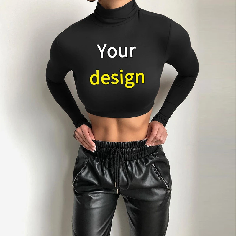 Customized Printed Photo or Logo Women's Sexy Slim Boting Long Sve High Collar T-irt Pure Spring Season Faion Ladies' Top