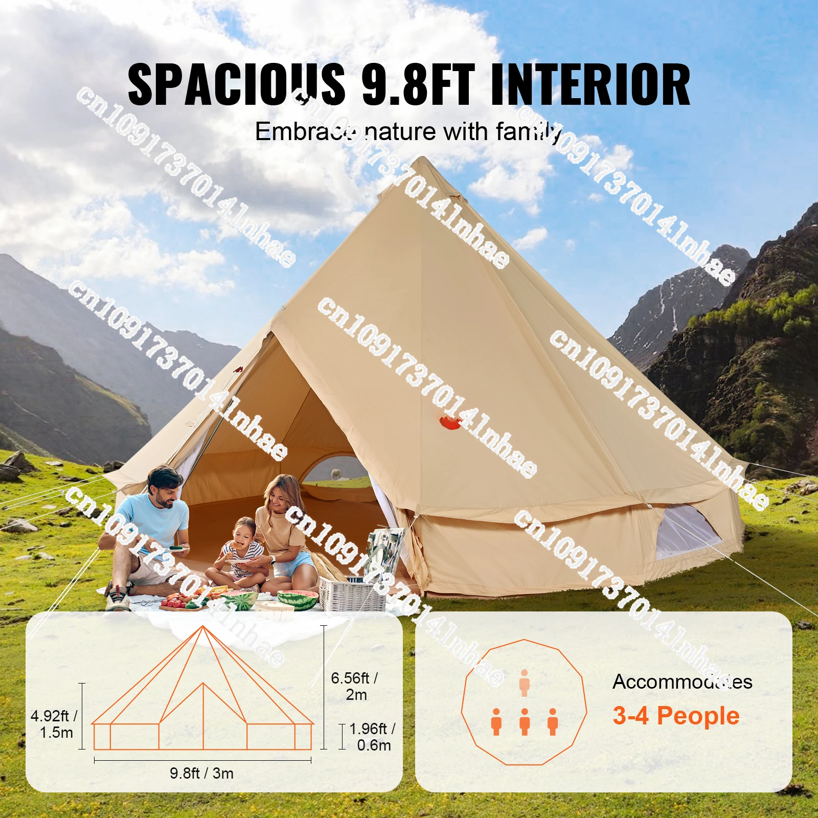 Canvas Bell Tent 4 Seasons Canvas Tent for Camping with Stove Jack Breathable Tent Family Camping Outdoor Hunting Party