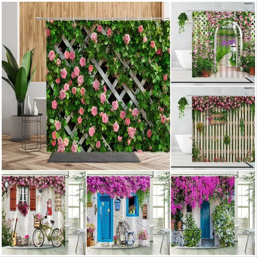 Spring Garden Shower Curtains Pink Rose Wooden Fence Flowers Plants Blue Door Mediterranean Nature Landscape Bathroom Decor Set