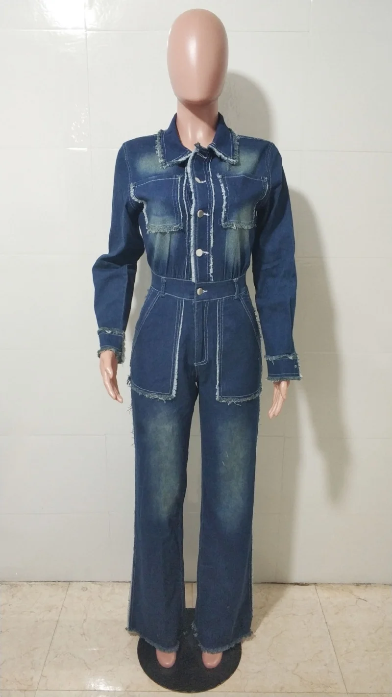 Mode Denim combinaisons printemps vêtements femmes à manches longues grandes poches jean droit barboteuses combishorts une pièce tenue salopette