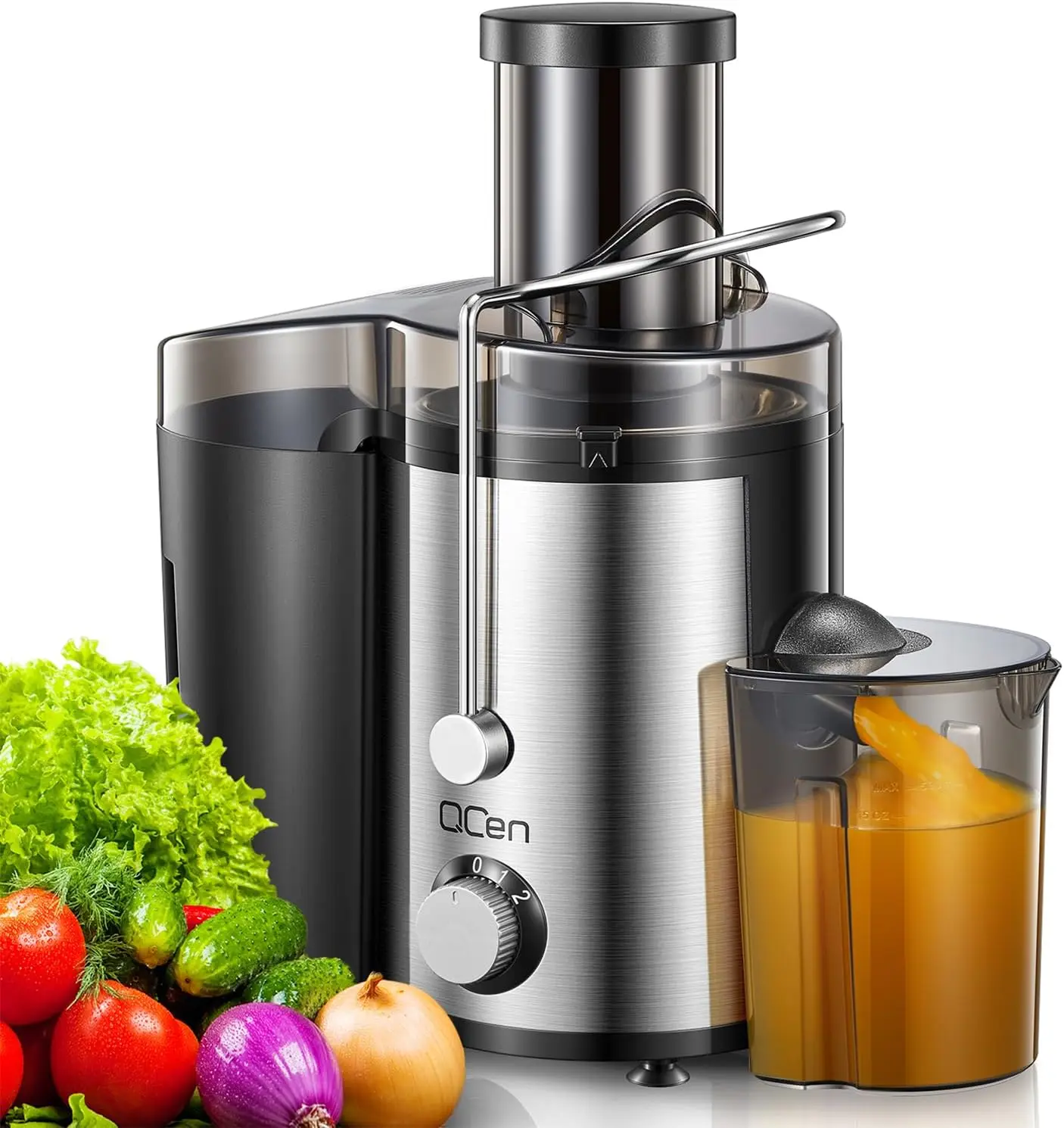 Qcen Juicer Machine, 800W Centrifugal Juicer Extractor with Wide Mouth 3” Feed Chute for Fruit Vegetable, Easy to Clean, Stainle