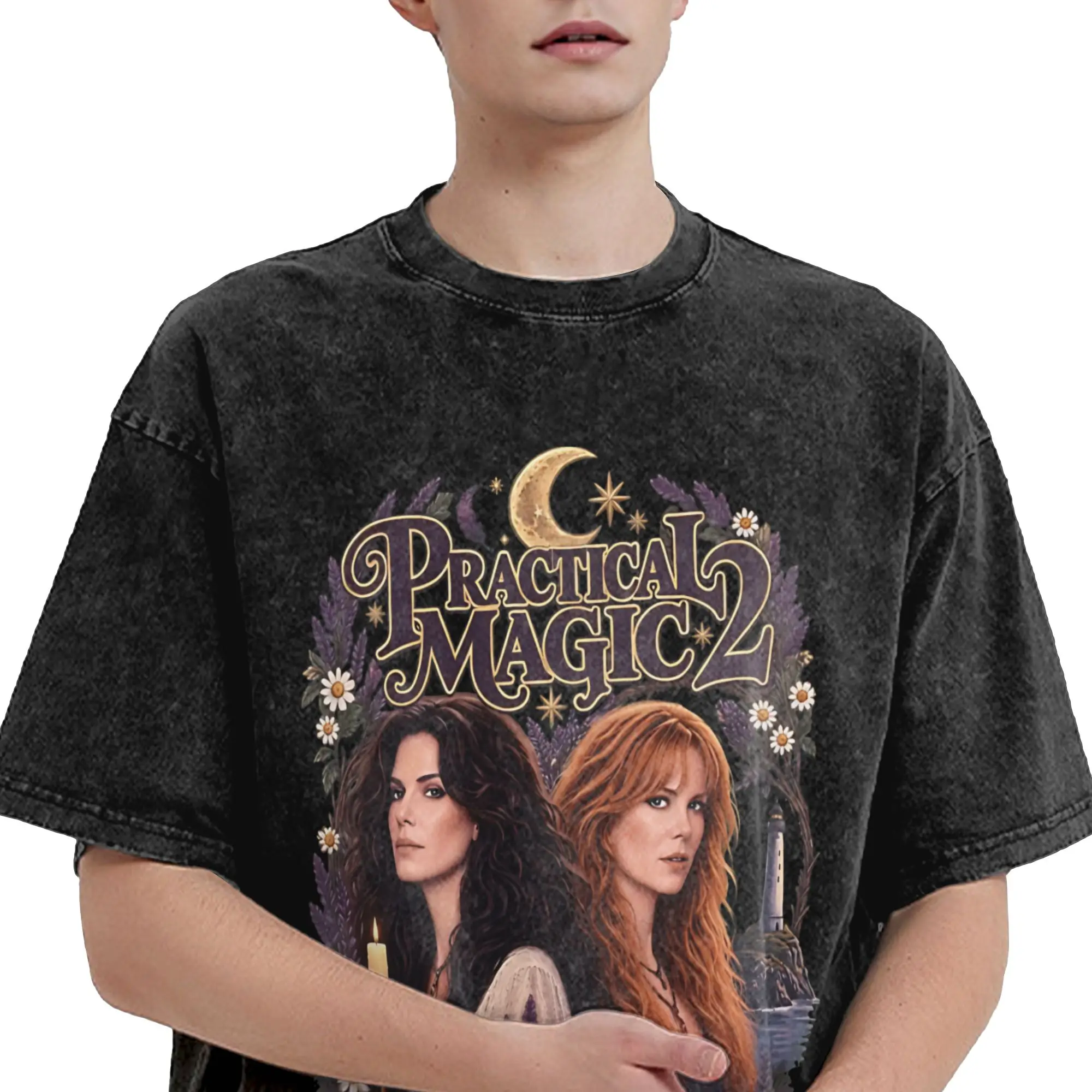 Harajuku Washed Shirt Practical Magic 2 Witchy Gothic Fantasy Occult Black Cat Merch Fashion T Shirt Oversize  Streetwear