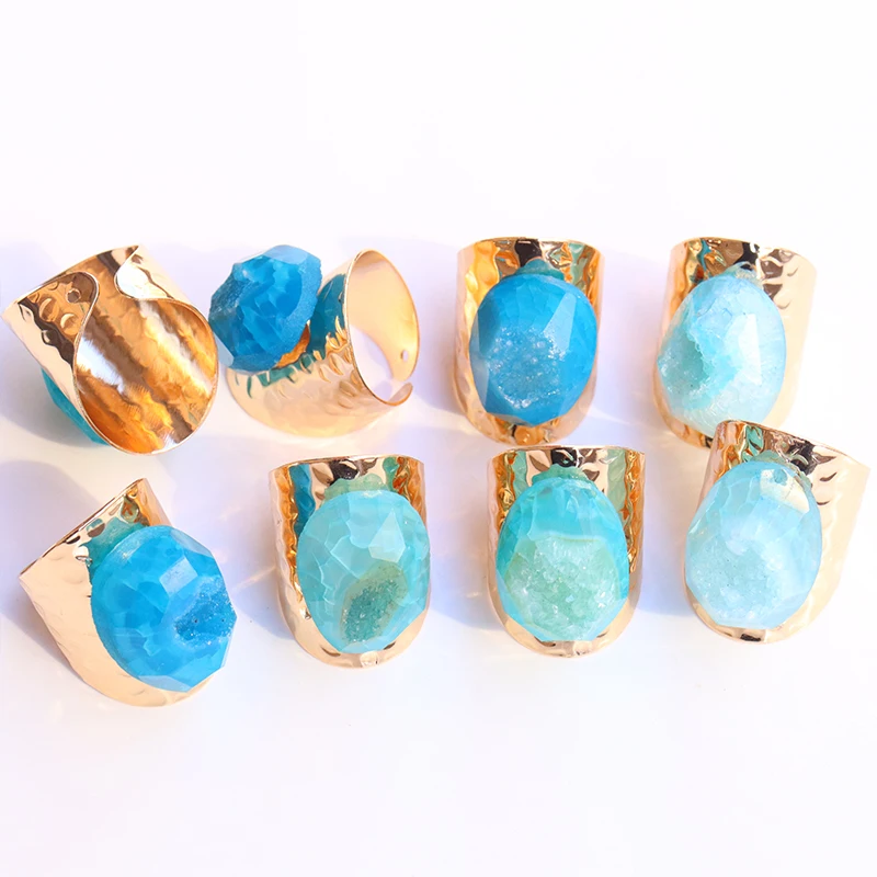 Irregular Natural Stone Geode Agate Slices Open Rings for Women Boho Resizable Ring Jewelry