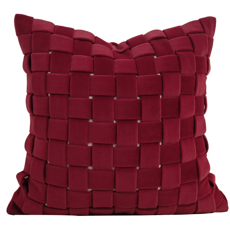 High End Wine Red Woven Pillow Cover Dutch Velvet Geometric Striped Plaid Woven Pillow Cases Luxury Patchwork Throw Pillows