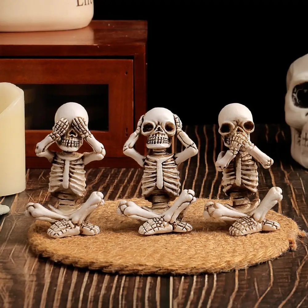 3pcs Scary Halloween Skull Sculpture Don't Listen Don't Look Don't Speak Funny Sitting Skeleton Statue Exquisite Resin