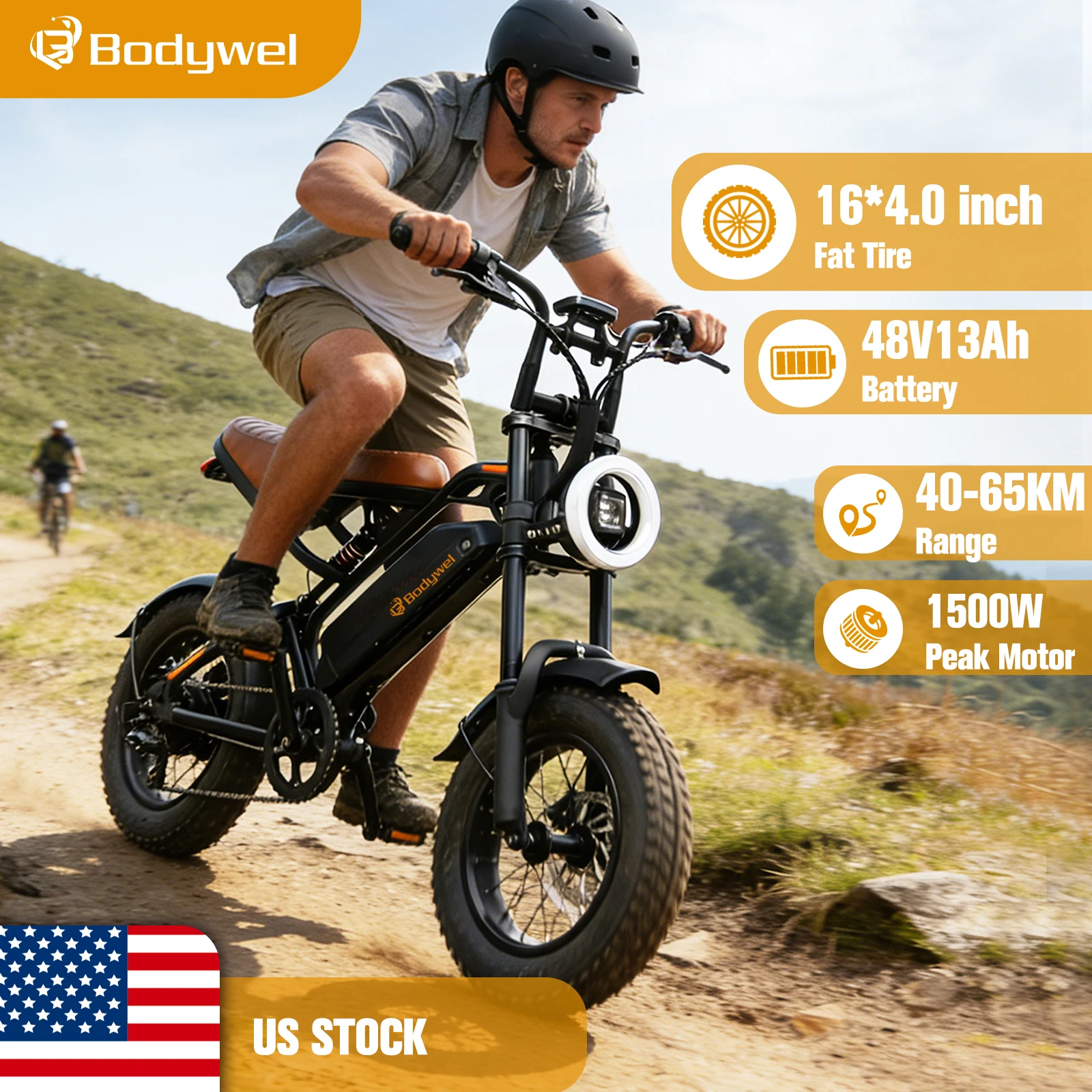 

Электровелосипед Bodywel M16 с широкими шинами, 1500 Вт пиковой мощности, 16-дюймовые колеса 4.0, внедорожный электровелосипед, запас хода 40 миль, съемная батарея.