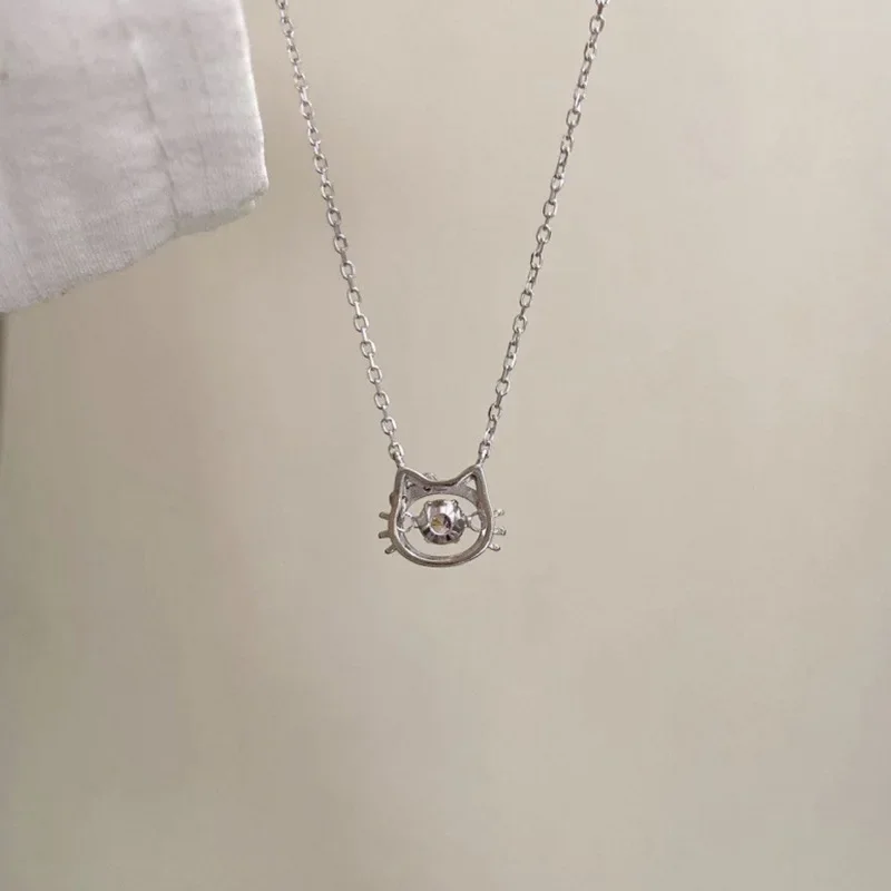 Sanrio KT Cat Necklace Cartoon Kawaii Hello Kitty Pink Diamond Love Shape Cat Head Niche Girls Accessories Neck Decoration Gifts