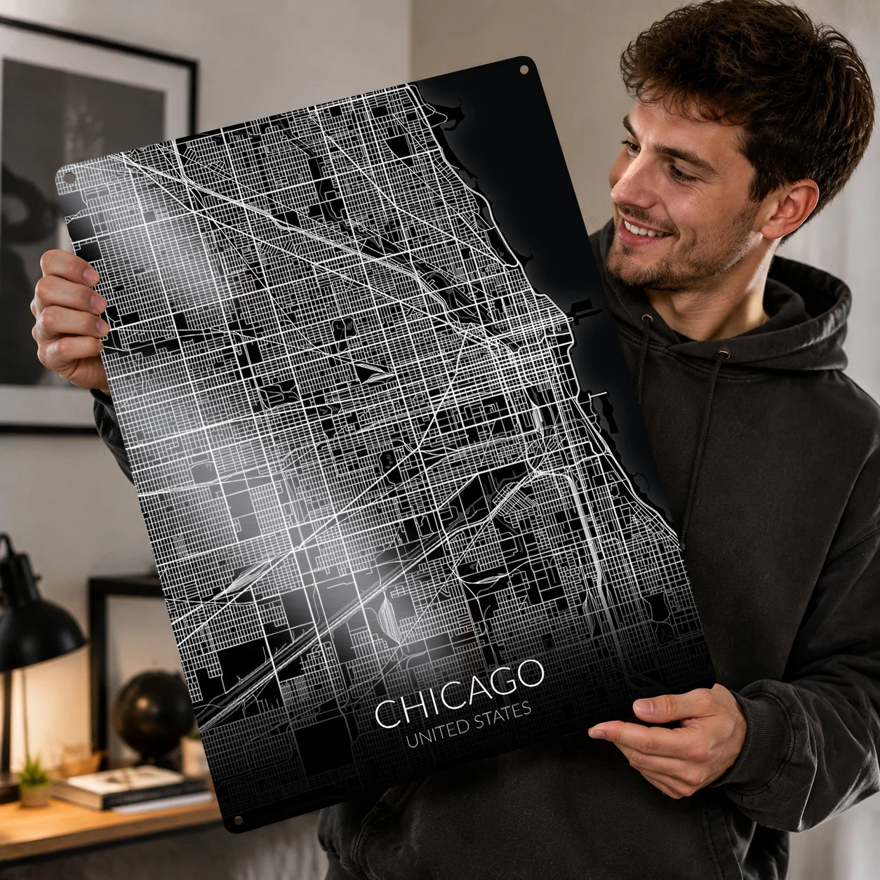 Chicago Map Black 3D Texture Metal Poster Customized Wall Art Tin Sign Gift for Mancave Decoration Garage Accessories Decor Room