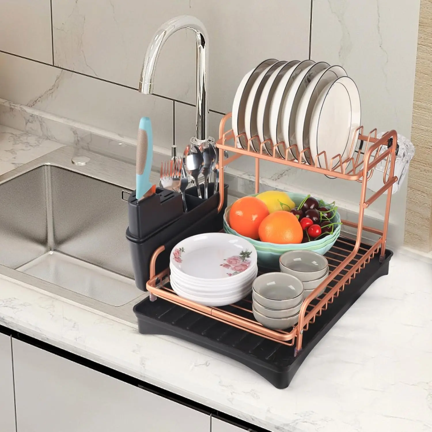 Dish Drying Rack for Kitchen Counter,Aluminium Dish Drainer with Utensil and Glass Holder for Sink,Accessories Organizer,2 Floor