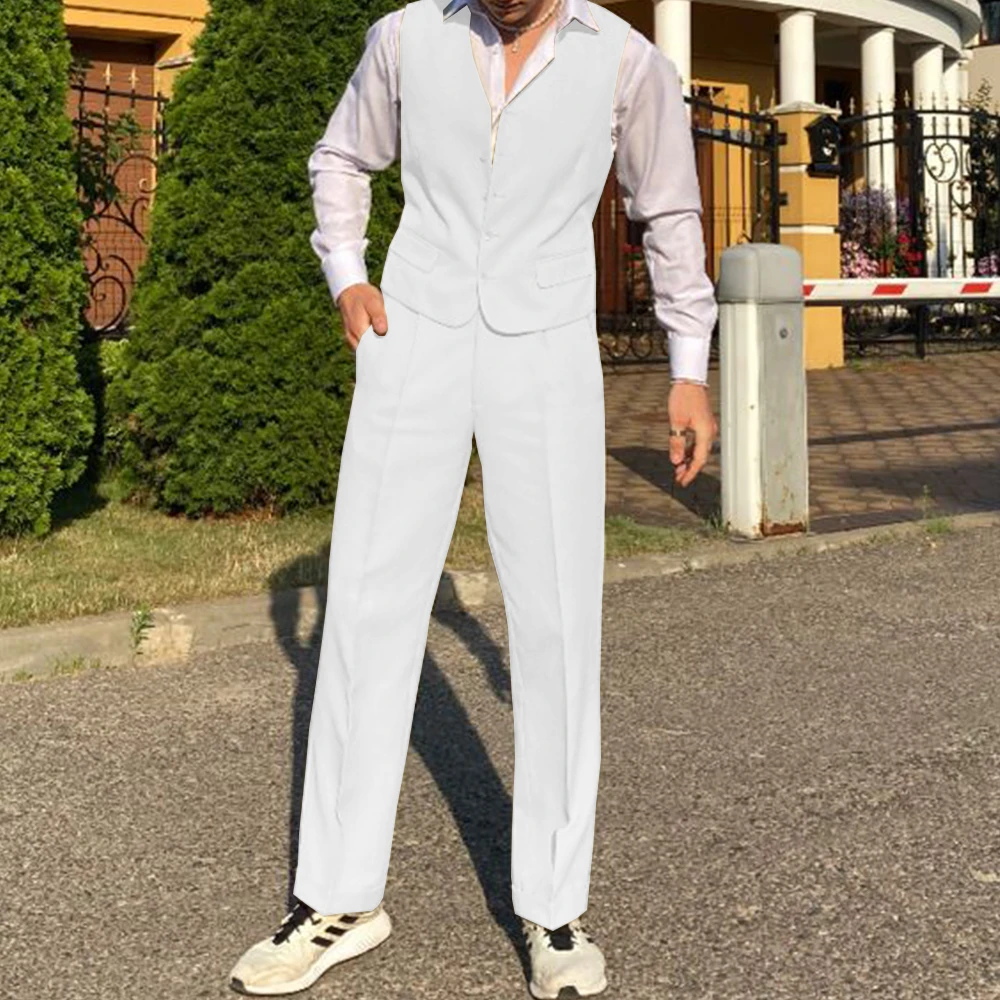 Homens colete calças terno 2 peça conjunto fino ajuste decote em v único breasted casual elegante escritório de negócios formal wear elegante confortável b