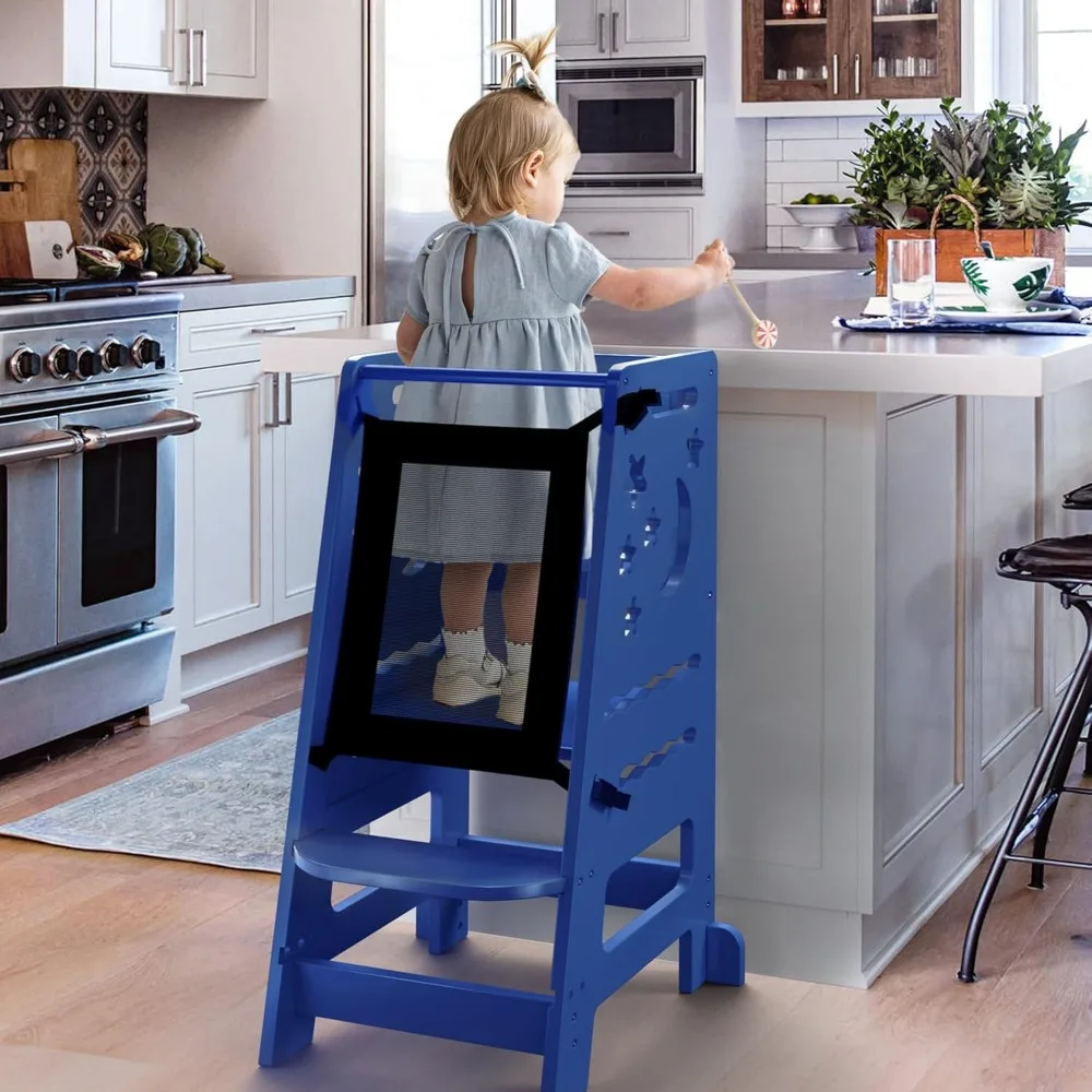 TOETOL Bamboo Kids Step Stool for Kitchen Height Adjustable Toddler Standing Tower with Keeper and Black & White Activity Board