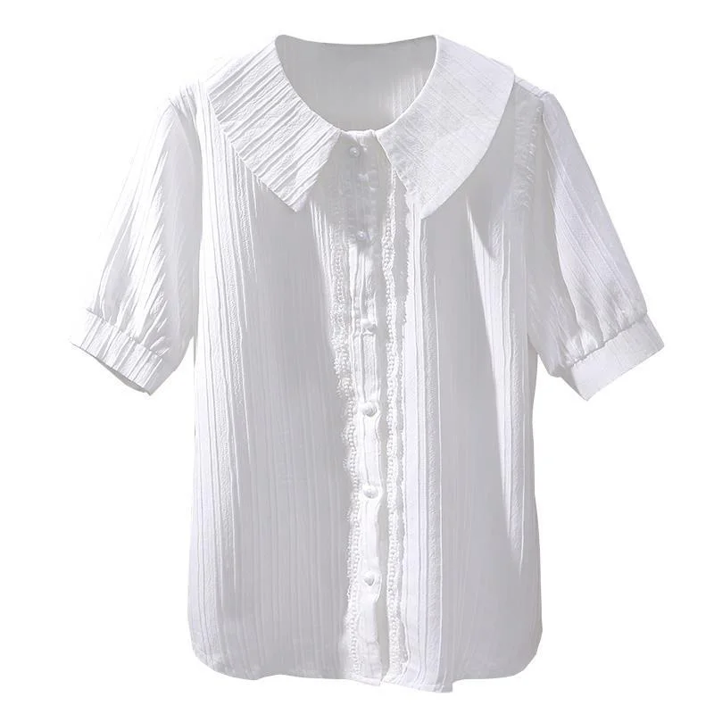 Camisa elegante con cuello Peter Pan para mujer, blusa holgada informal con volantes que combina con todo para oficina, novedad de verano 2023