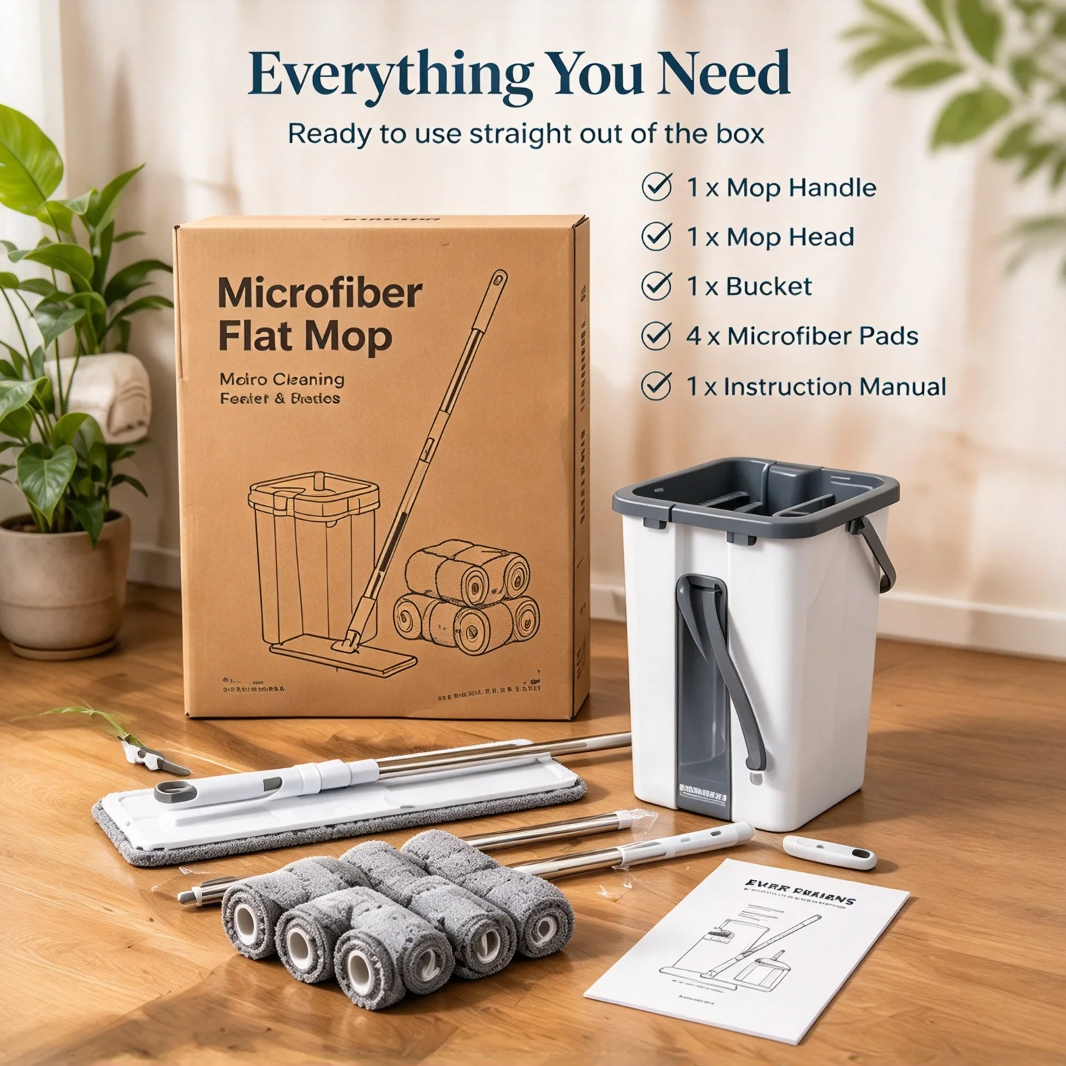 Microfiber Flat Mop and Bucket Set with 4 Reusable Pads, Hands Free Squeeze Cleaning System, 360° Rotating Wet Dry Floor Mop