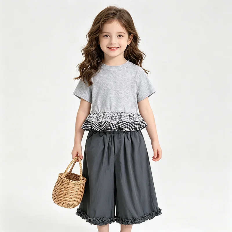 2026 New Toddler Girls Gingham Ruffle Hem Top &Cropped Wide Leg Pants Set Summer Short Sleeve 2 PCS Outfit Soft Cotton Kids Wear